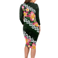 Green Polynesia Long Sleeve Bodycon Dress Plumeria With Hibiscus Pattern Tropical Vibes