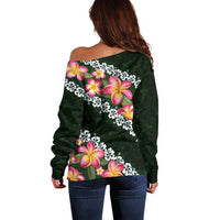 Green Polynesia Off Shoulder Sweater Plumeria With Hibiscus Pattern Tropical Vibes