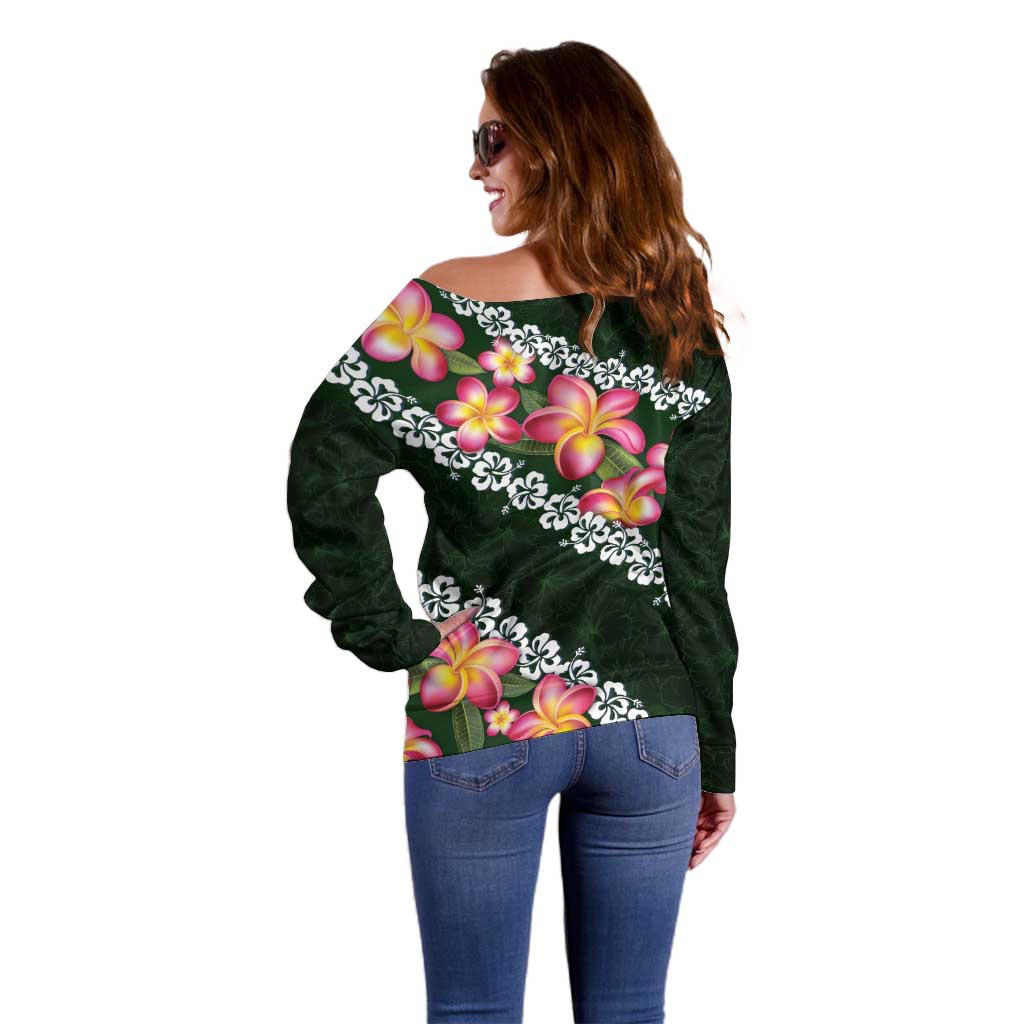 Green Polynesia Off Shoulder Sweater Plumeria With Hibiscus Pattern Tropical Vibes