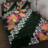 Green Polynesia Quilt Bed Set Plumeria With Hibiscus Pattern Tropical Vibes