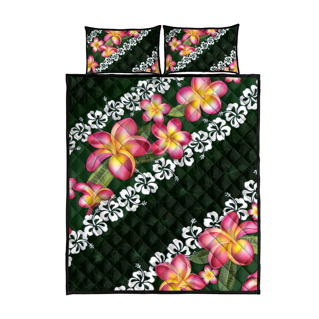 Green Polynesia Quilt Bed Set Plumeria With Hibiscus Pattern Tropical Vibes