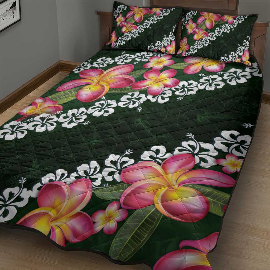 Green Polynesia Quilt Bed Set Plumeria With Hibiscus Pattern Tropical Vibes