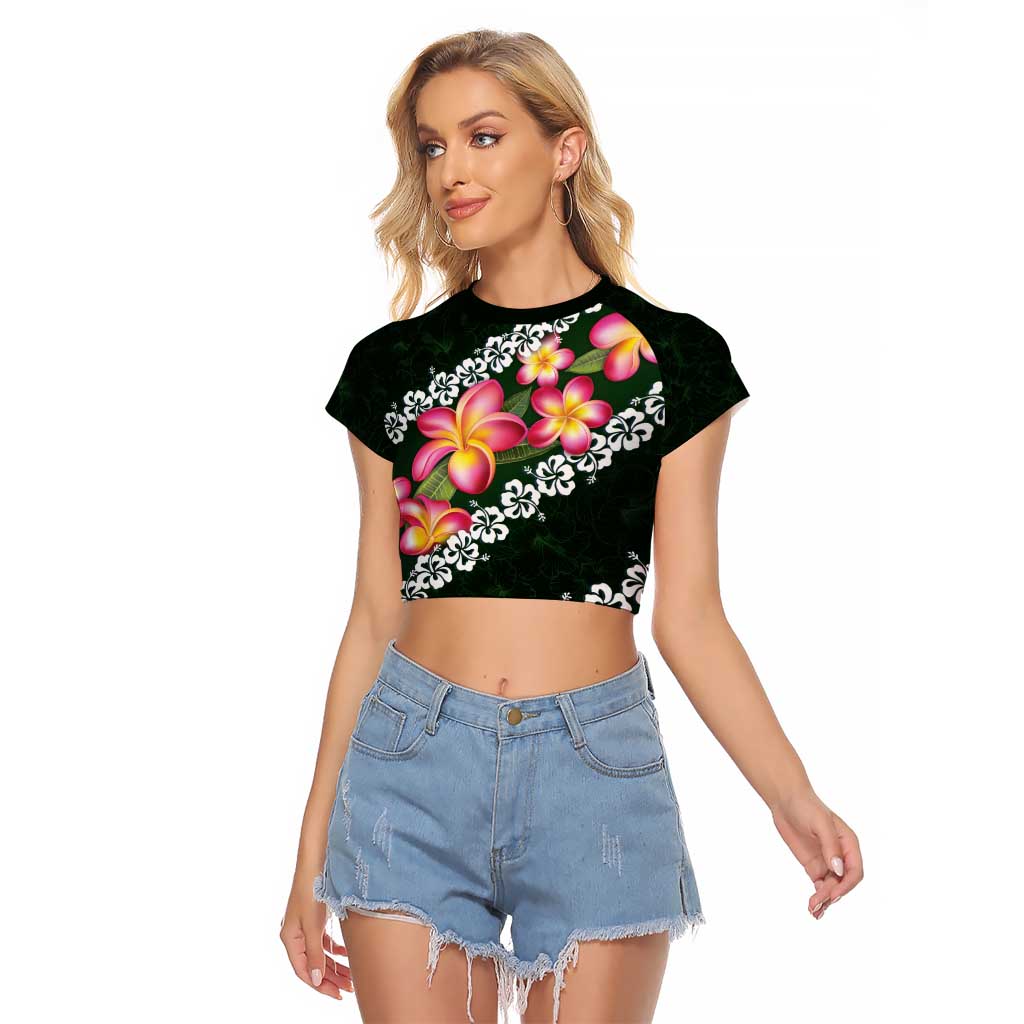 Green Polynesia Raglan Cropped T Shirt Plumeria With Hibiscus Pattern Tropical Vibes LT14 Female Green - Polynesian Pride