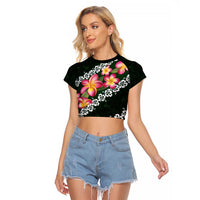 Green Polynesia Raglan Cropped T Shirt Plumeria With Hibiscus Pattern Tropical Vibes LT14 Female Green - Polynesian Pride