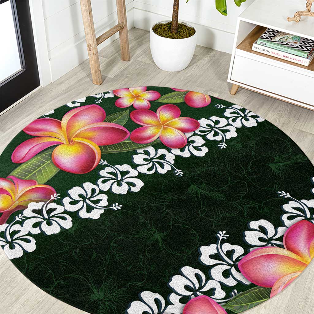Green Polynesia Round Carpet Plumeria With Hibiscus Pattern Tropical Vibes LT14 Green - Polynesian Pride