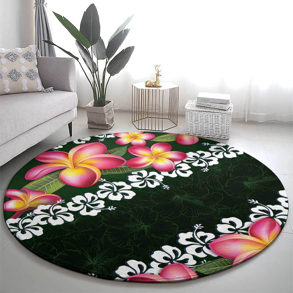 Green Polynesia Round Carpet Plumeria With Hibiscus Pattern Tropical Vibes LT14 - Polynesian Pride