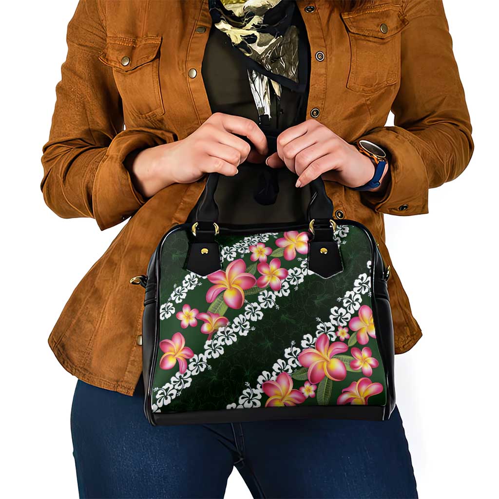 Green Polynesia Shoulder Handbag Plumeria With Hibiscus Pattern Tropical Vibes