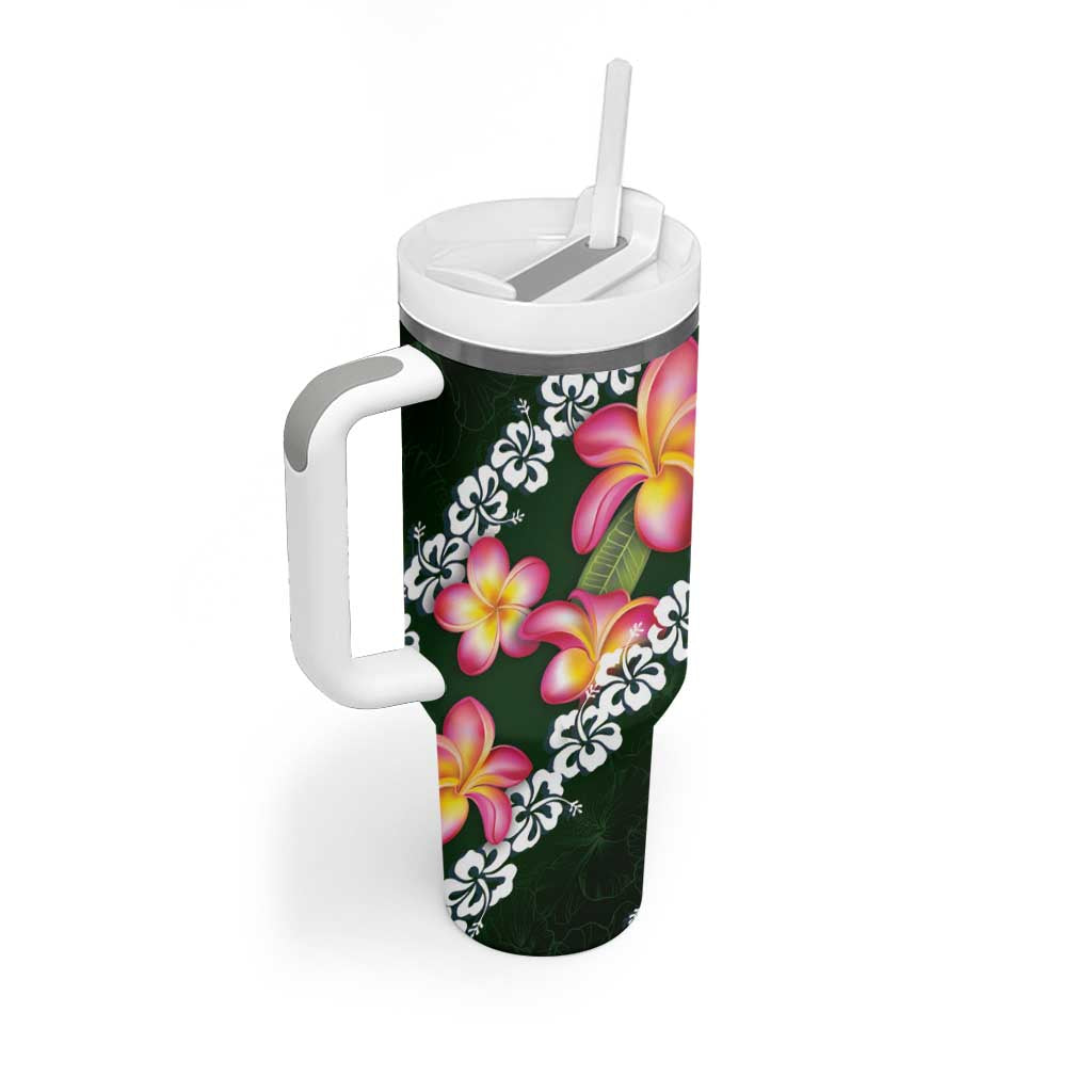 Green Polynesia Tumbler With Handle Plumeria With Hibiscus Pattern Tropical Vibes LT14 - Polynesian Pride