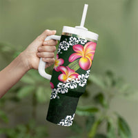 Green Polynesia Tumbler With Handle Plumeria With Hibiscus Pattern Tropical Vibes LT14 - Polynesian Pride