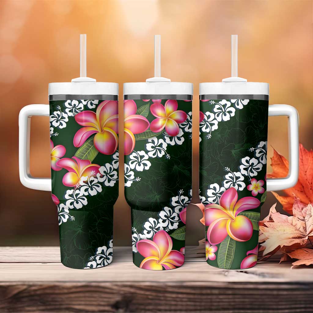 Green Polynesia Tumbler With Handle Plumeria With Hibiscus Pattern Tropical Vibes LT14 - Polynesian Pride