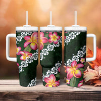 Green Polynesia Tumbler With Handle Plumeria With Hibiscus Pattern Tropical Vibes LT14 - Polynesian Pride