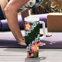 Green Polynesia Tumbler With Handle Plumeria With Hibiscus Pattern Tropical Vibes LT14 - Polynesian Pride