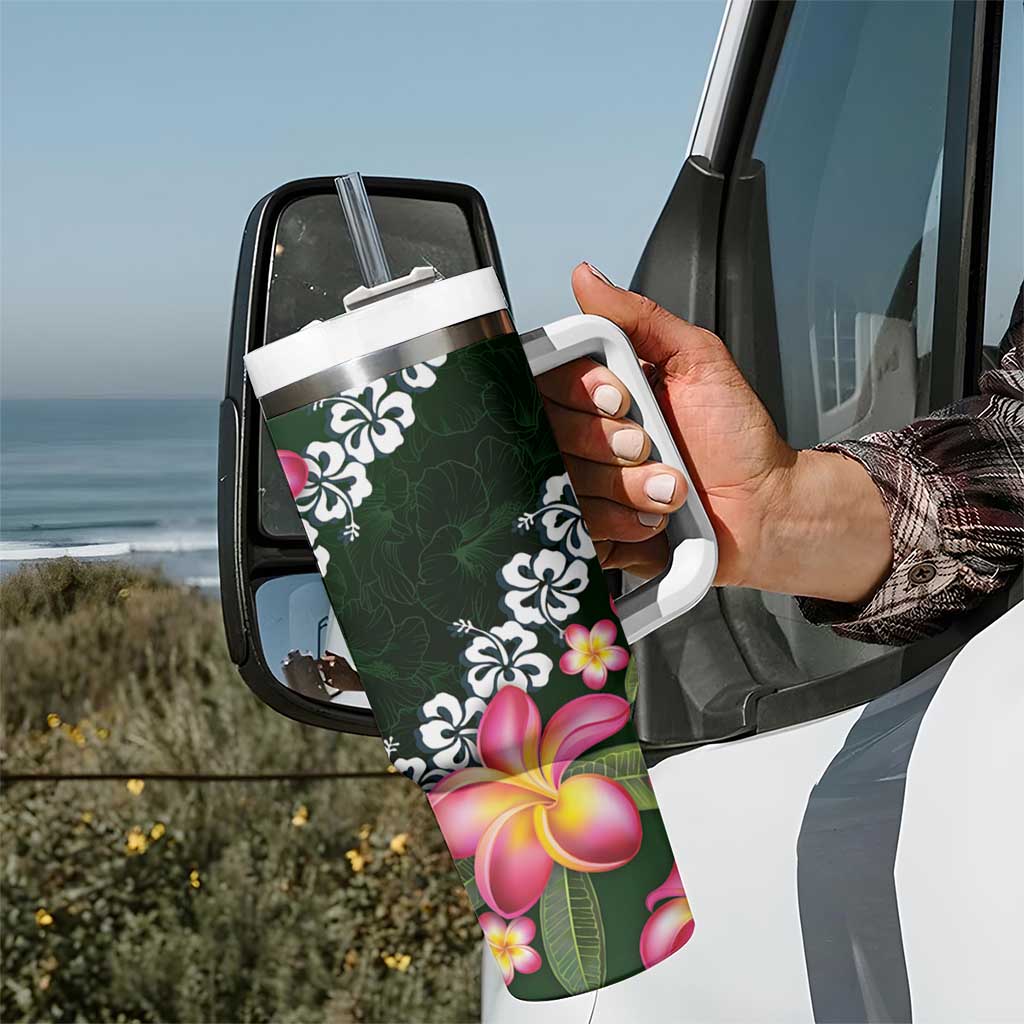 Green Polynesia Tumbler With Handle Plumeria With Hibiscus Pattern Tropical Vibes LT14 - Polynesian Pride