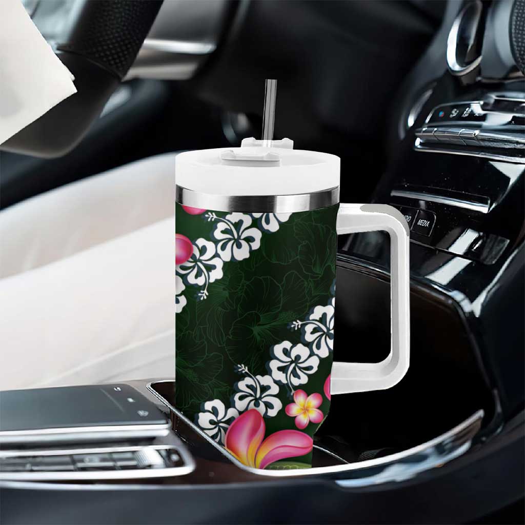 Green Polynesia Tumbler With Handle Plumeria With Hibiscus Pattern Tropical Vibes LT14 - Polynesian Pride