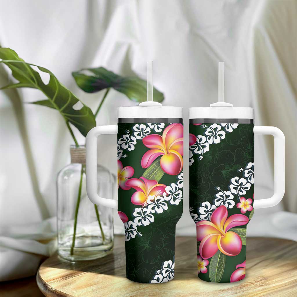 Green Polynesia Tumbler With Handle Plumeria With Hibiscus Pattern Tropical Vibes LT14 - Polynesian Pride