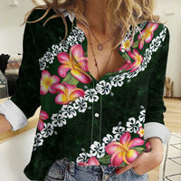 Green Polynesia Women Casual Shirt Plumeria With Hibiscus Pattern Tropical Vibes