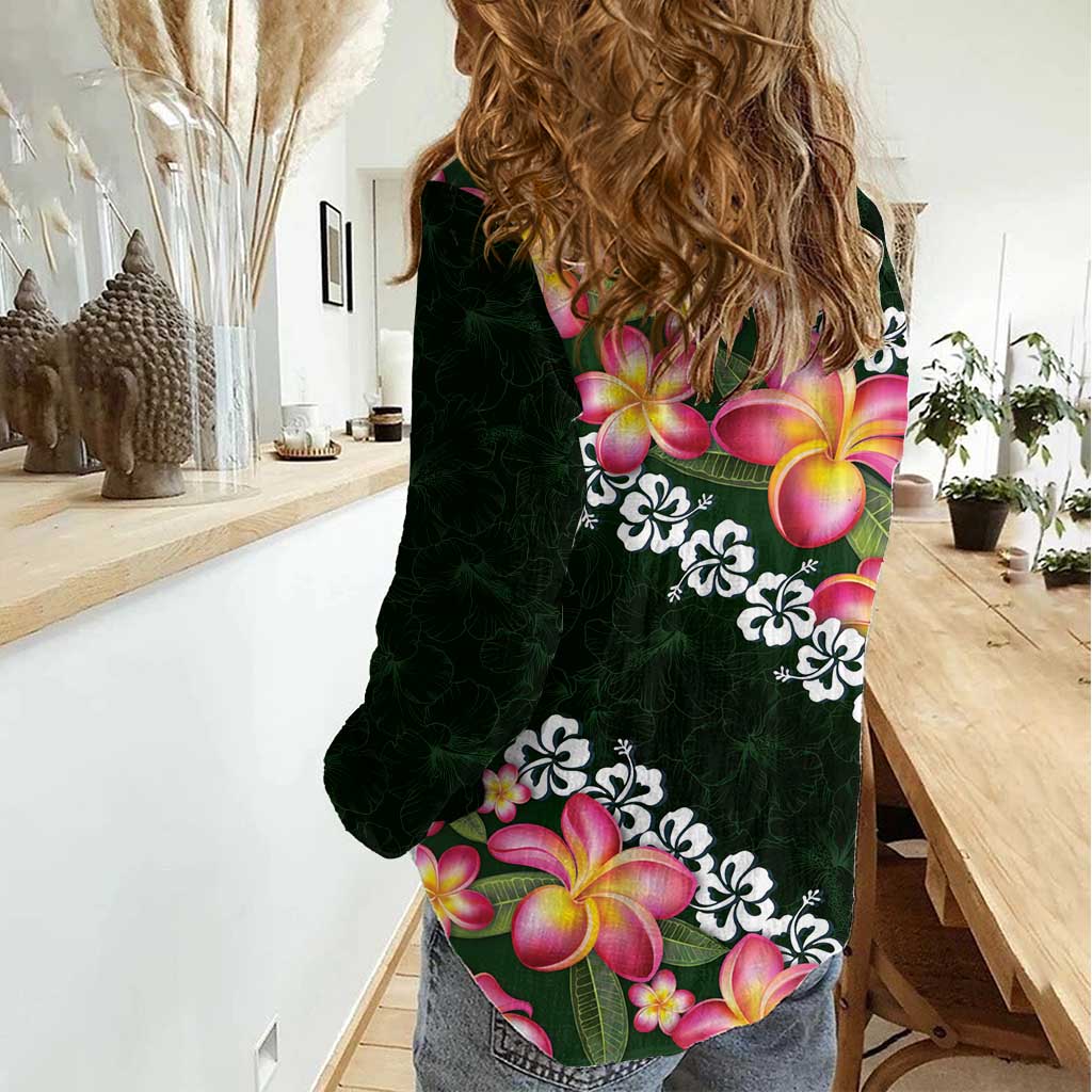 Green Polynesia Women Casual Shirt Plumeria With Hibiscus Pattern Tropical Vibes