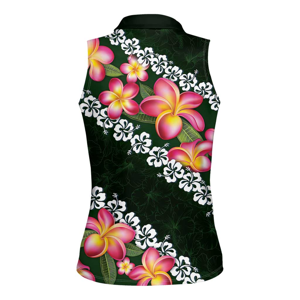 Green Polynesia Women Sleeveless Polo Shirt Plumeria With Hibiscus Pattern Tropical Vibes