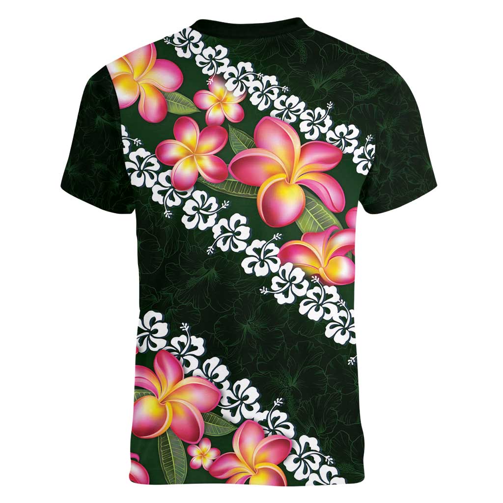 Green Polynesia Women V-Neck T-Shirt Plumeria With Hibiscus Pattern Tropical Vibes LT14 - Polynesian Pride