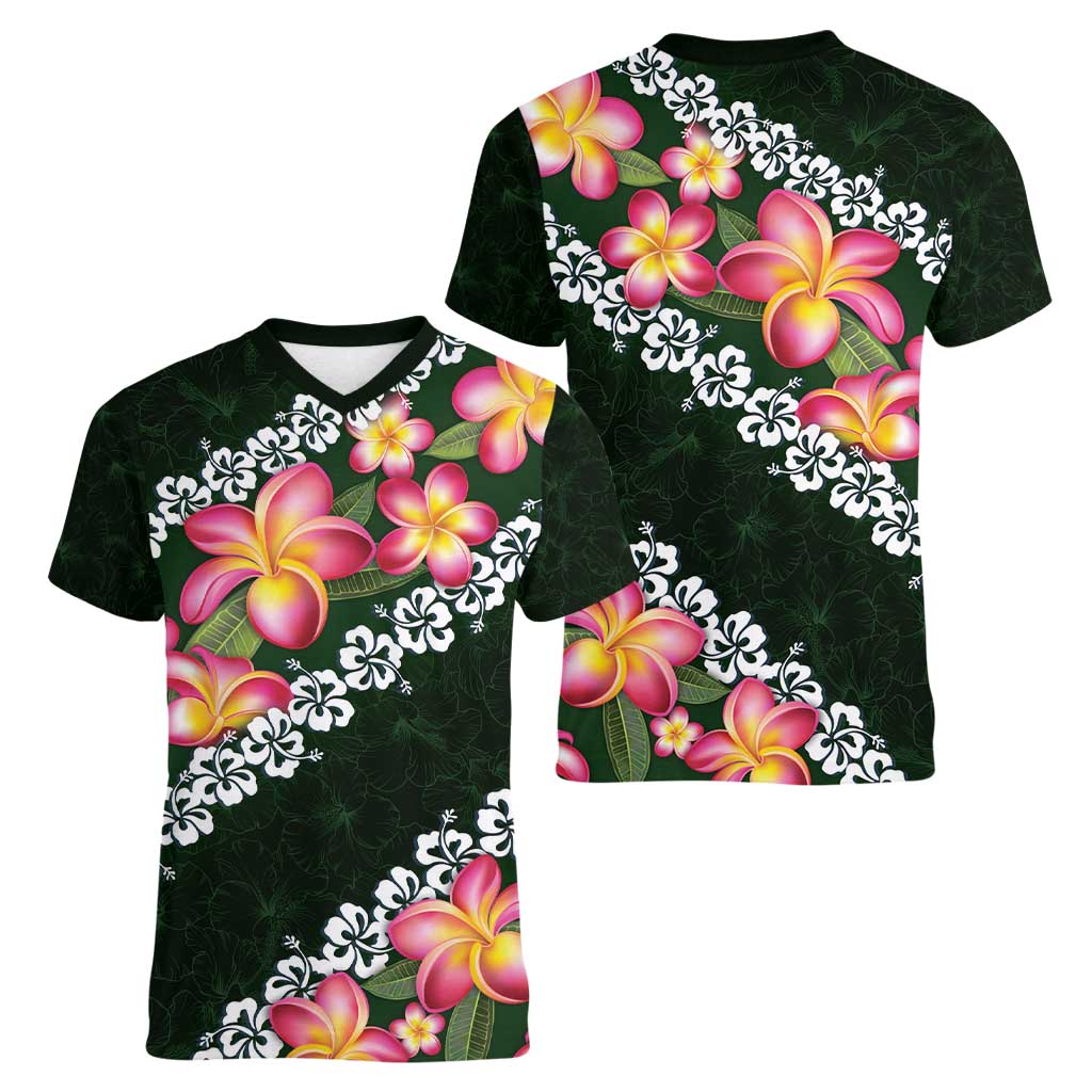 Green Polynesia Women V-Neck T-Shirt Plumeria With Hibiscus Pattern Tropical Vibes LT14 - Polynesian Pride