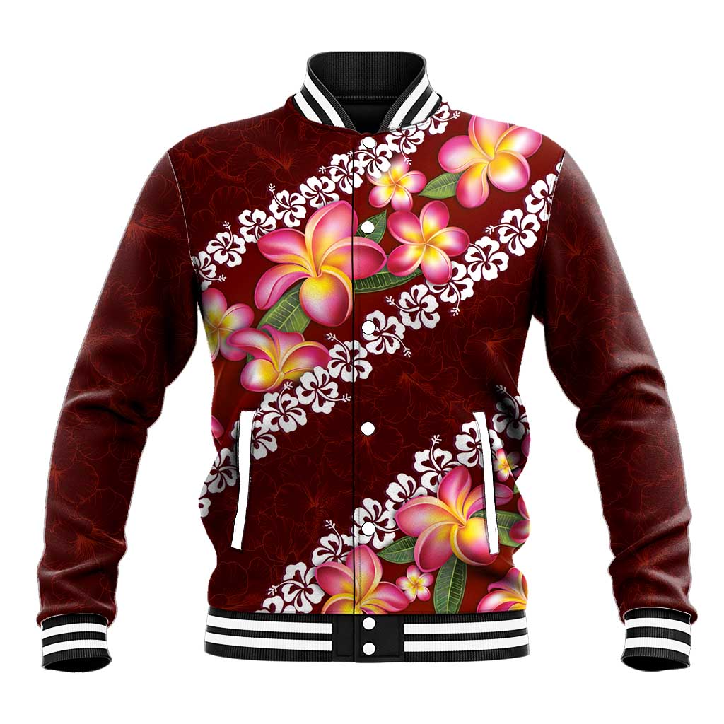 Oxblood Polynesia Baseball Jacket Plumeria With Hibiscus Pattern Tropical Vibes