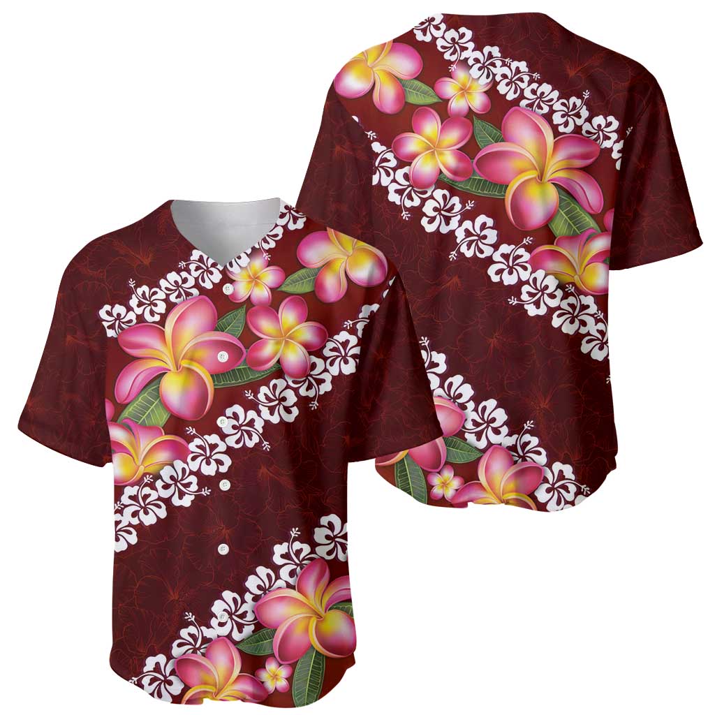 Oxblood Polynesia Baseball Jersey Plumeria With Hibiscus Pattern Tropical Vibes LT14 - Polynesian Pride