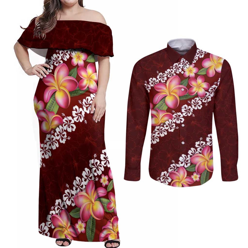 Oxblood Polynesia Couples Matching Off Shoulder Maxi Dress and Long Sleeve Button Shirt Plumeria With Hibiscus Pattern Tropical Vibes