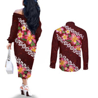 Oxblood Polynesia Couples Matching Off The Shoulder Long Sleeve Dress and Long Sleeve Button Shirt Plumeria With Hibiscus Pattern Tropical Vibes