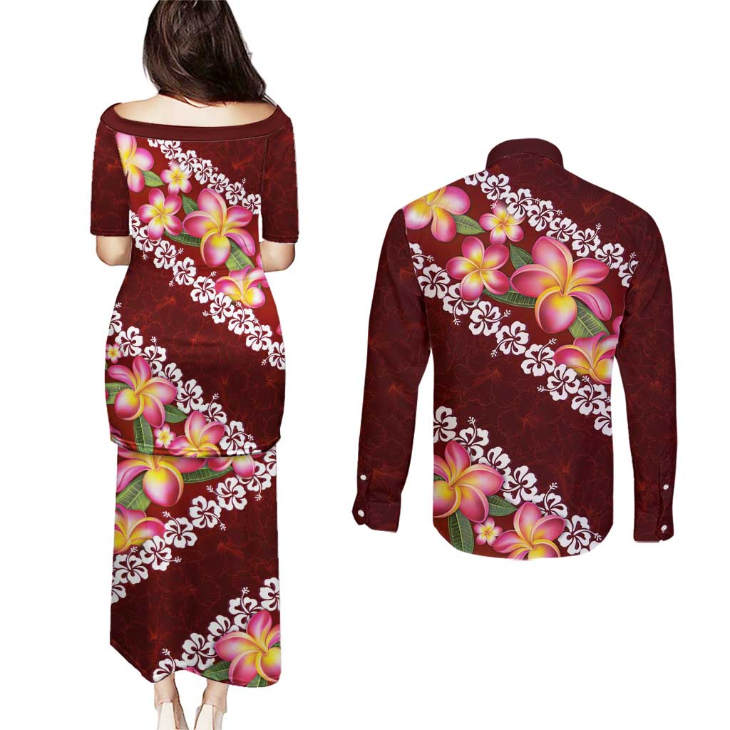 Oxblood Polynesia Couples Matching Puletasi and Long Sleeve Button Shirt Plumeria With Hibiscus Pattern Tropical Vibes