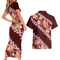 Oxblood Polynesia Couples Matching Short Sleeve Bodycon Dress and Hawaiian Shirt Plumeria With Hibiscus Pattern Tropical Vibes