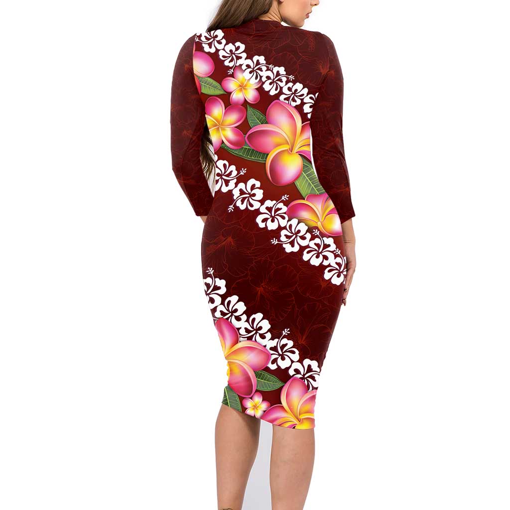 Oxblood Polynesia Family Matching Long Sleeve Bodycon Dress and Hawaiian Shirt Plumeria With Hibiscus Pattern Tropical Vibes