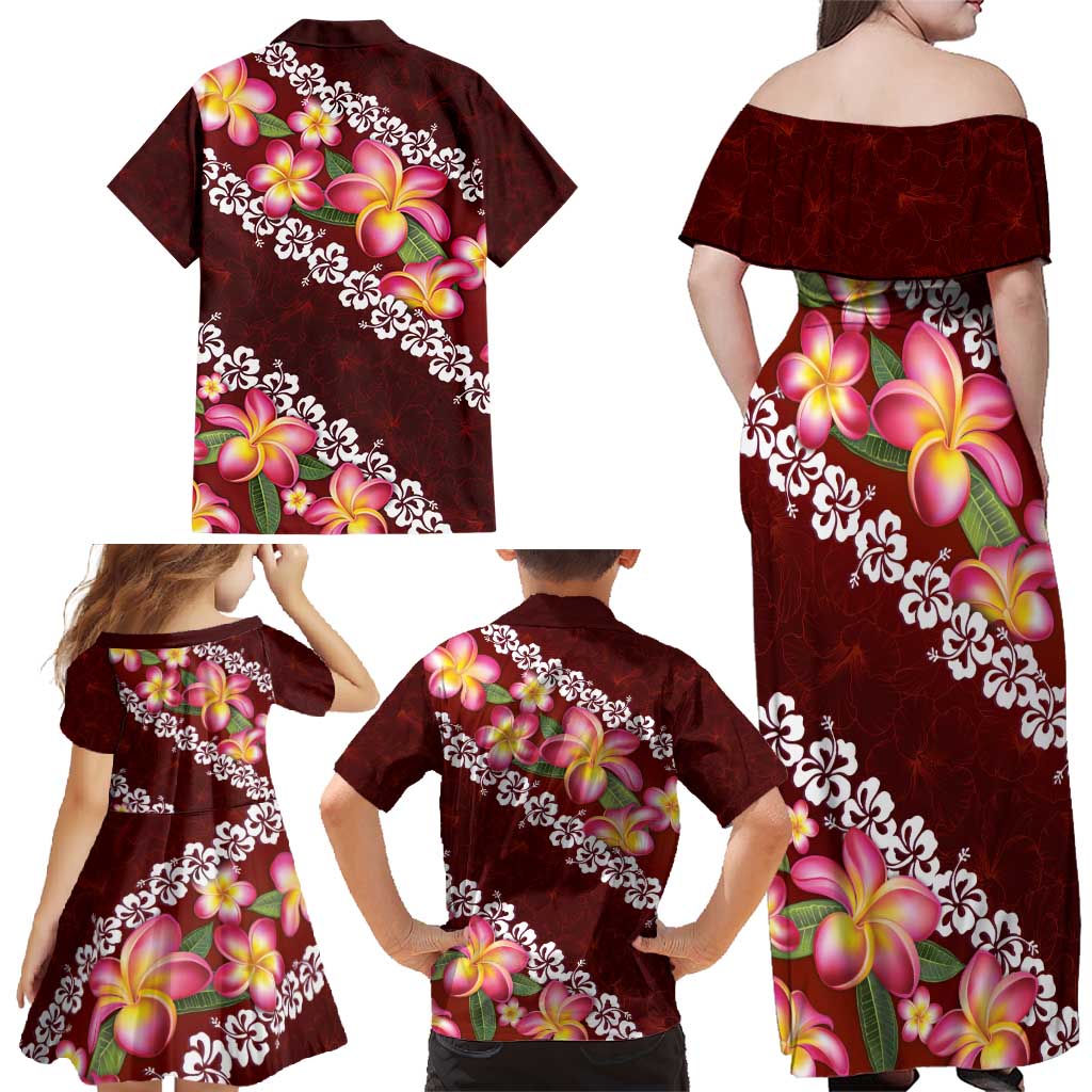 Oxblood Polynesia Family Matching Off Shoulder Maxi Dress and Hawaiian Shirt Plumeria With Hibiscus Pattern Tropical Vibes
