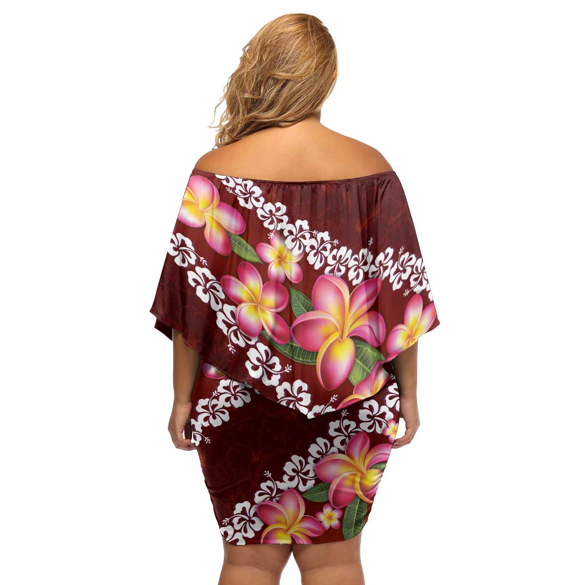Oxblood Polynesia Family Matching Off Shoulder Short Dress and Hawaiian Shirt Plumeria With Hibiscus Pattern Tropical Vibes