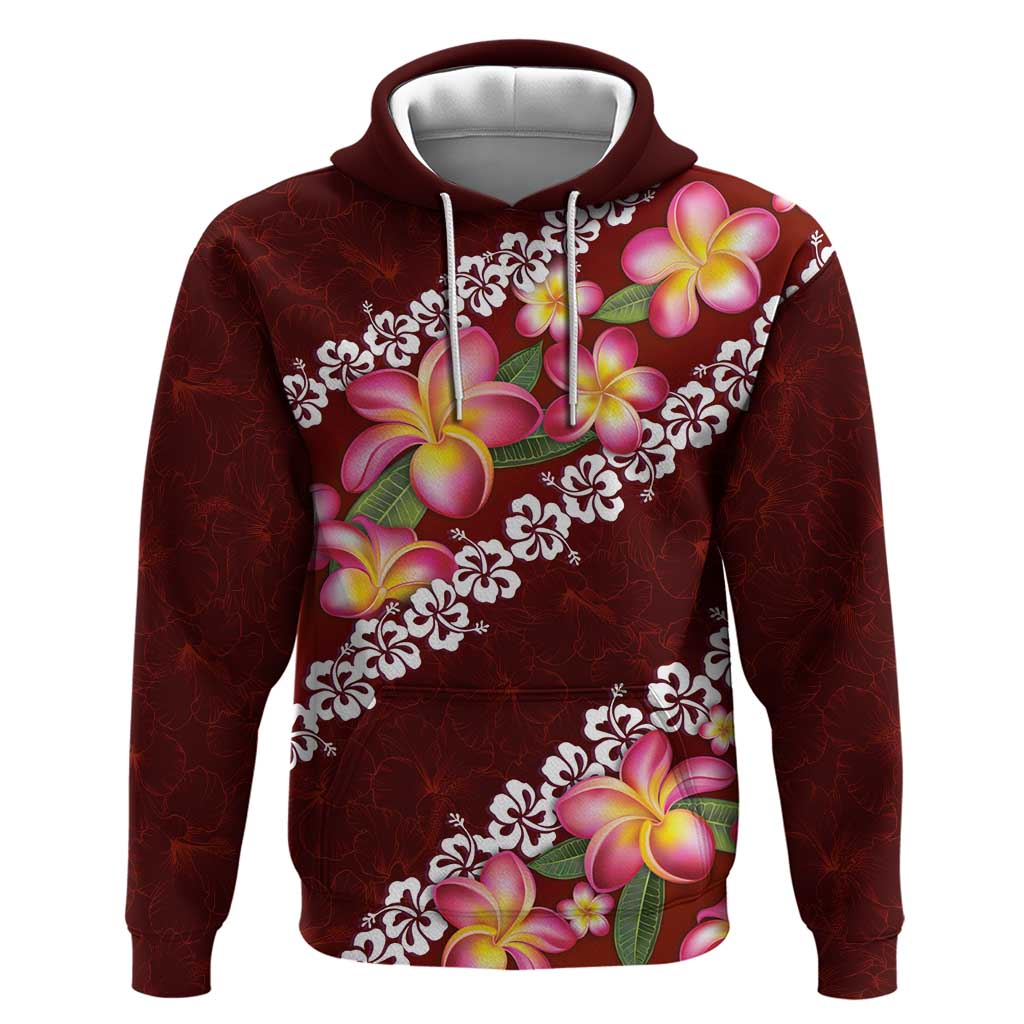 Oxblood Polynesia Hoodie Plumeria With Hibiscus Pattern Tropical Vibes