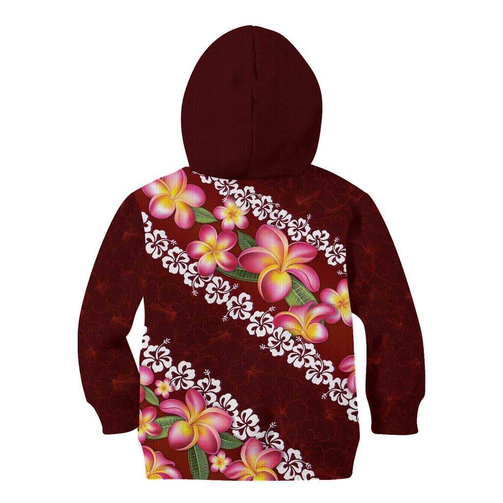 Oxblood Polynesia Kid Hoodie Plumeria With Hibiscus Pattern Tropical Vibes LT14 - Polynesian Pride
