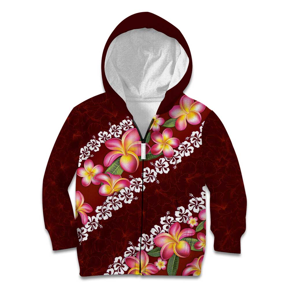 Oxblood Polynesia Kid Hoodie Plumeria With Hibiscus Pattern Tropical Vibes LT14 Zip Hoodie Oxblood - Polynesian Pride