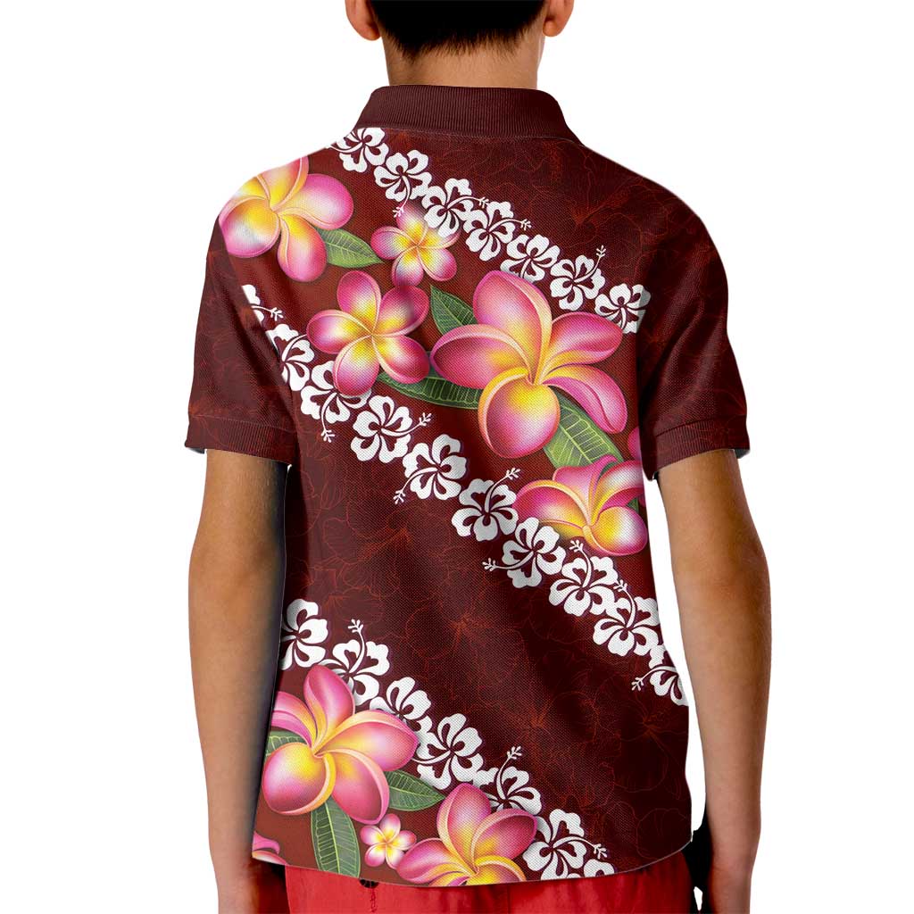 Oxblood Polynesia Kid Polo Shirt Plumeria With Hibiscus Pattern Tropical Vibes LT14 - Polynesian Pride