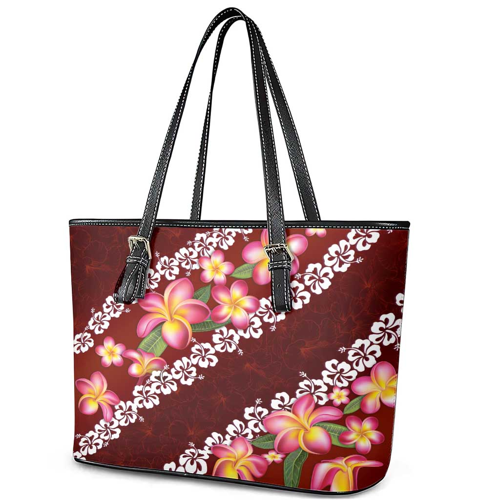 Oxblood Polynesia Leather Tote Bag Plumeria With Hibiscus Pattern Tropical Vibes