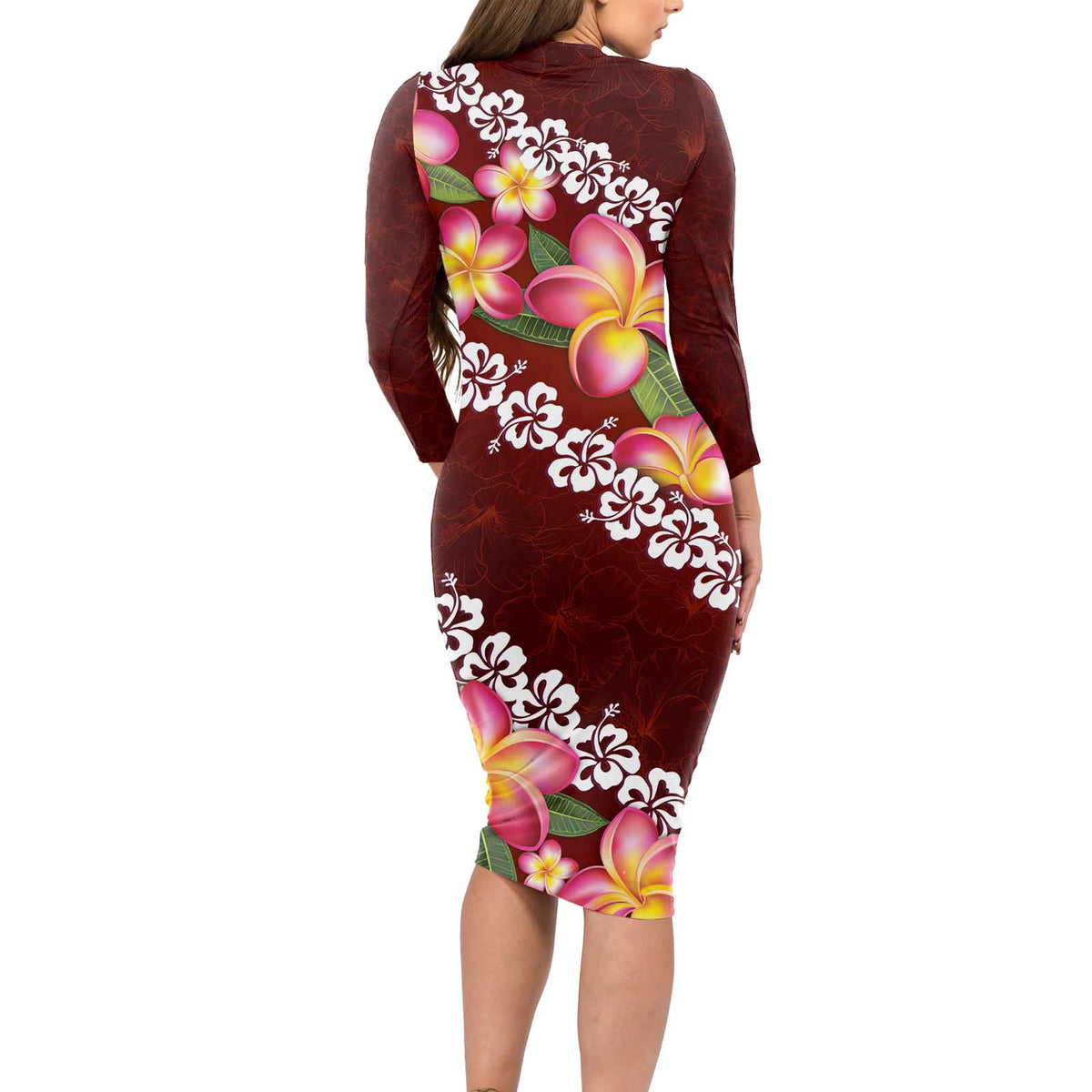 Oxblood Polynesia Long Sleeve Bodycon Dress Plumeria With Hibiscus Pattern Tropical Vibes