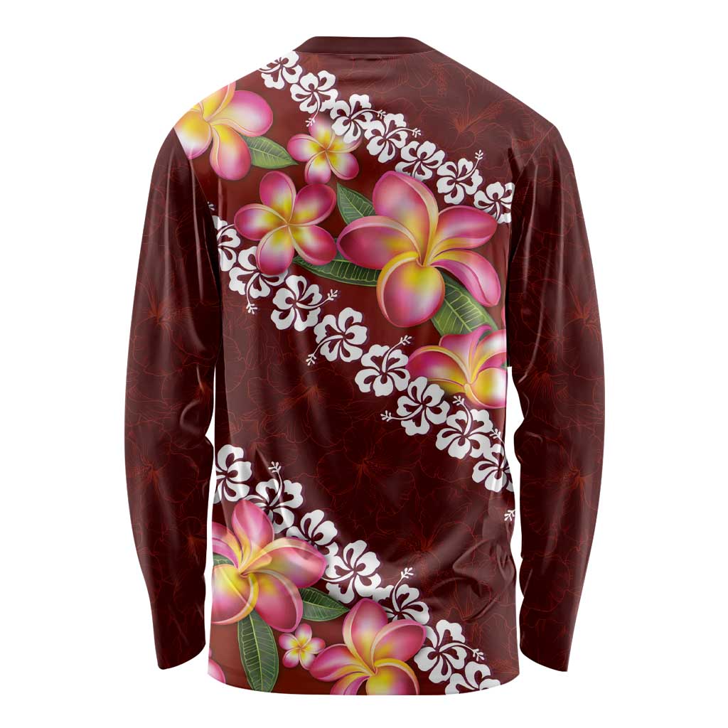 Oxblood Polynesia Long Sleeve Shirt Plumeria With Hibiscus Pattern Tropical Vibes