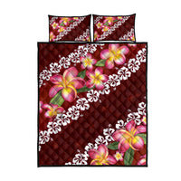 Oxblood Polynesia Quilt Bed Set Plumeria With Hibiscus Pattern Tropical Vibes