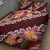 Oxblood Polynesia Quilt Bed Set Plumeria With Hibiscus Pattern Tropical Vibes