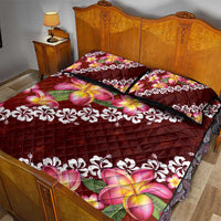 Oxblood Polynesia Quilt Bed Set Plumeria With Hibiscus Pattern Tropical Vibes