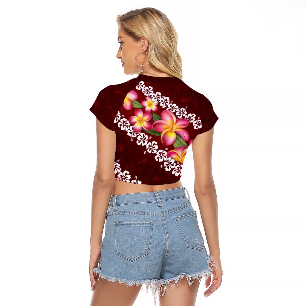 Oxblood Polynesia Raglan Cropped T Shirt Plumeria With Hibiscus Pattern Tropical Vibes LT14 - Polynesian Pride