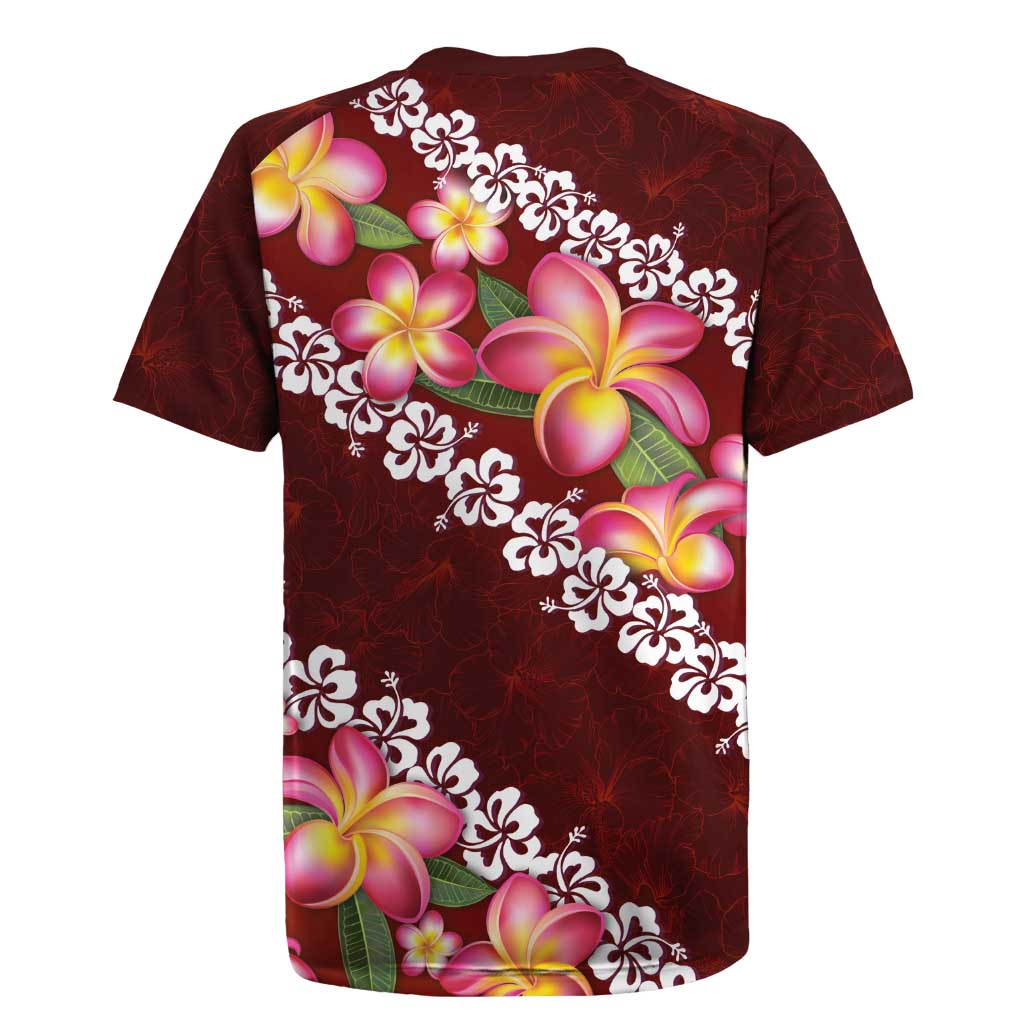 Oxblood Polynesia Rugby Jersey Plumeria With Hibiscus Pattern Tropical Vibes