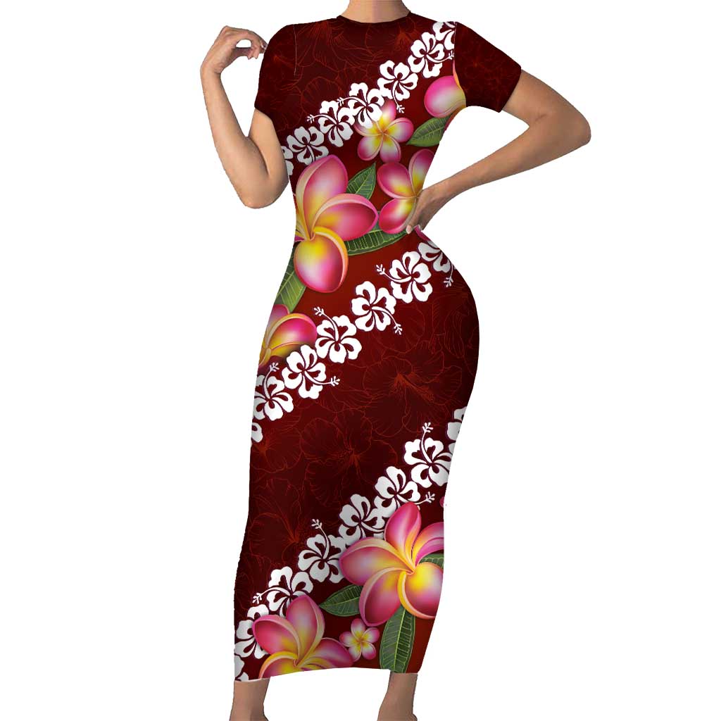 Oxblood Polynesia Short Sleeve Bodycon Dress Plumeria With Hibiscus Pattern Tropical Vibes LT14 Long Dress Oxblood - Polynesian Pride