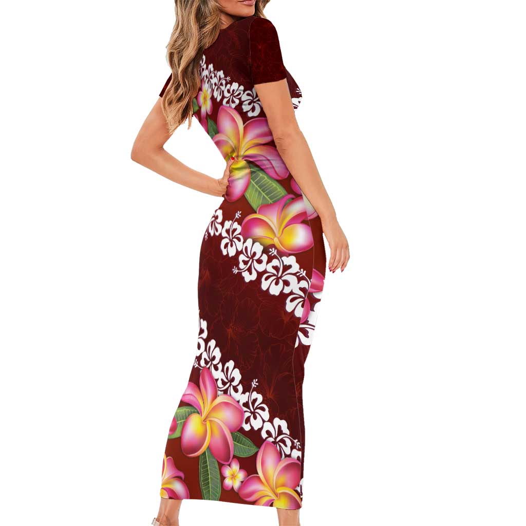 Oxblood Polynesia Short Sleeve Bodycon Dress Plumeria With Hibiscus Pattern Tropical Vibes LT14 - Polynesian Pride