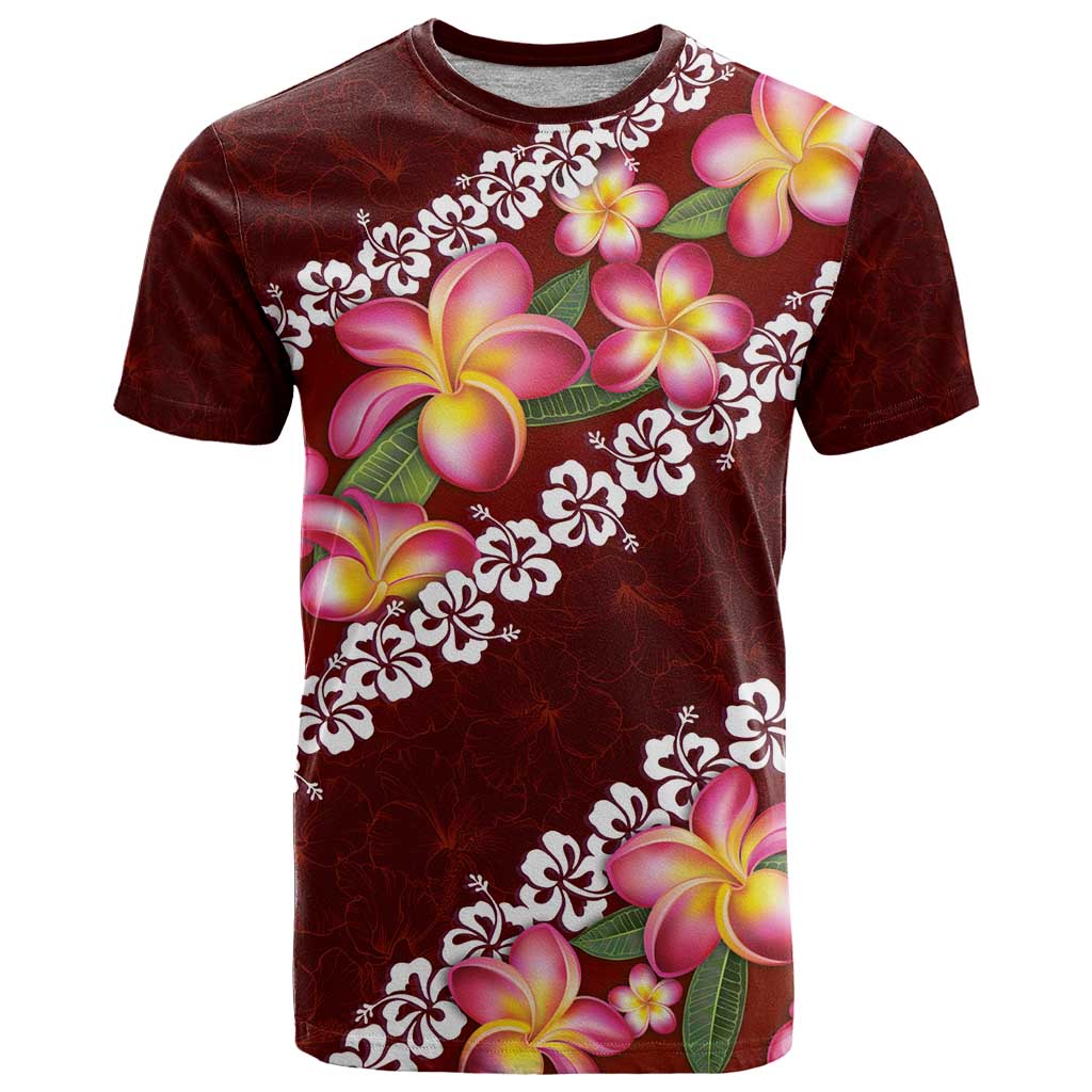 Oxblood Polynesia T Shirt Plumeria With Hibiscus Pattern Tropical Vibes LT14 Oxblood - Polynesian Pride