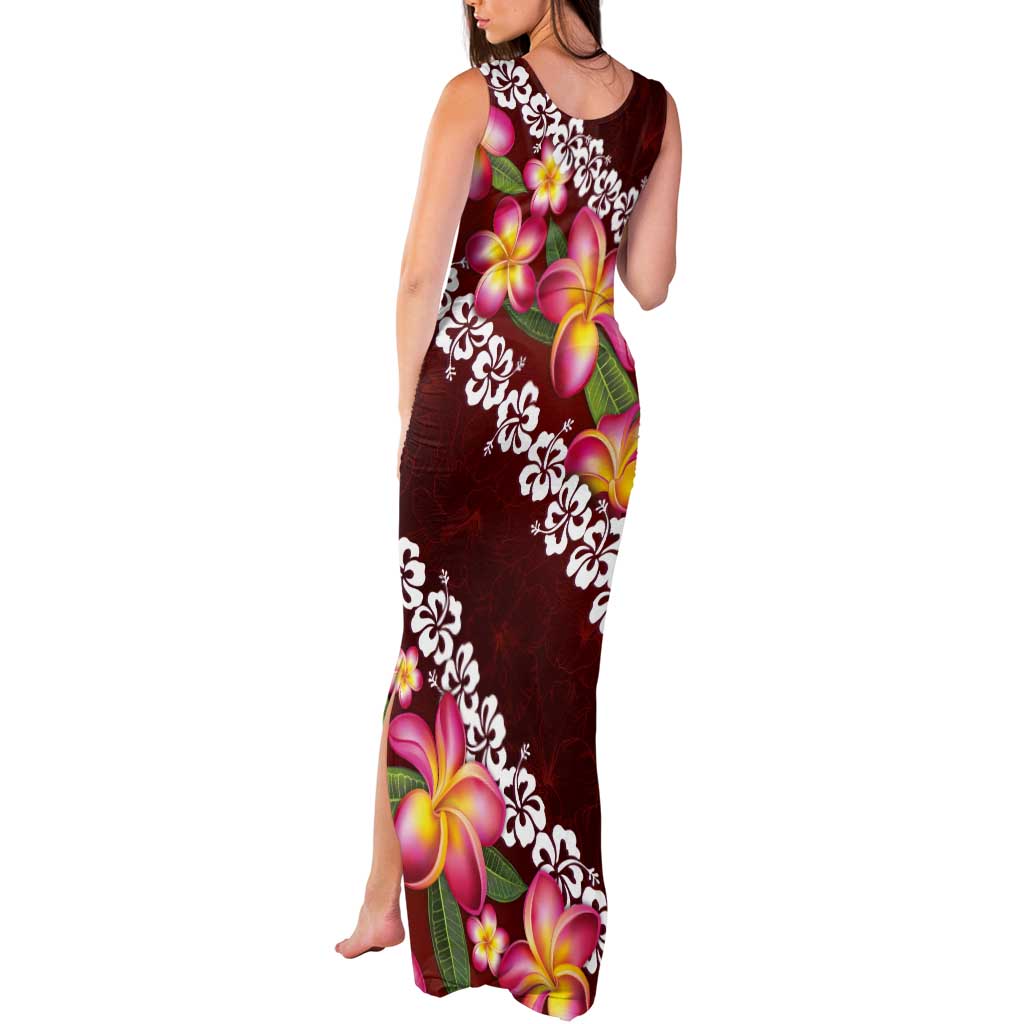 Oxblood Polynesia Tank Maxi Dress Plumeria With Hibiscus Pattern Tropical Vibes