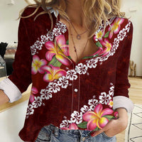 Oxblood Polynesia Women Casual Shirt Plumeria With Hibiscus Pattern Tropical Vibes
